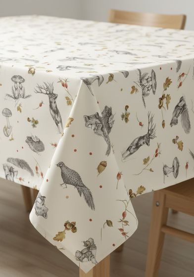 Ubrus PVC s textilním podkladem 224.01, myslivecký, podzim v lese, smetanový, š.140cm (metráž)