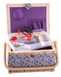 Kazeta / košík na šití, čalouněný 13 s výbavou, paví pera, fialová, 24 x 17,5 x 13cm