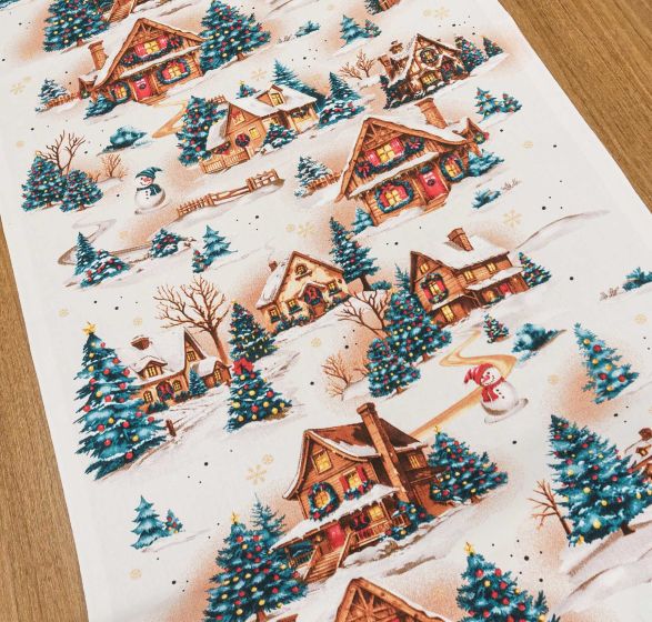 Bavlněné plátno / štola na metráž vánoční 703024, vesnička na bílé, š. 50cm (látka v metráži)