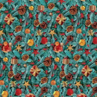 Ubrus PVC s textilním podkladem vánoční 20A jehličí, šišky a dárky, š.140cm (metráž)