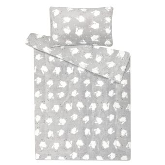 Povlečení OVEČKY SVĚTLE ŠEDÉ mikroflanel, bílé ovečky na světle šedé, dětské, 140x200cm + 70x90cm