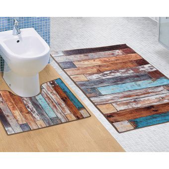 Koupelnová souprava 3D FOTOTISK DŘEVĚNÁ PODLAHA, 100x60cm (předložka) + 60x50cm (na WC)