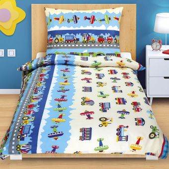 Dětské povlečení LETADLA A AUTA, svislé pruhy, bavlna hladká, 140x200cm + 70x90cm 