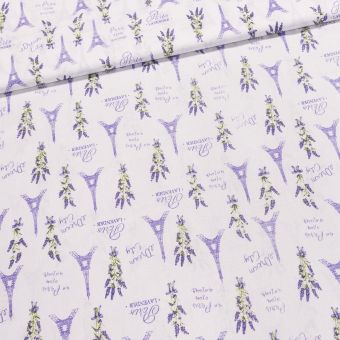 Bavlněné plátno 103000/16101, levandule a Eifelova věž na bílé, fialová, š.140cm (látka v metráži)