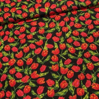 Bavlněné plátno 103000/16102, červené tulipány na černé, š.140cm (látka v metráži)