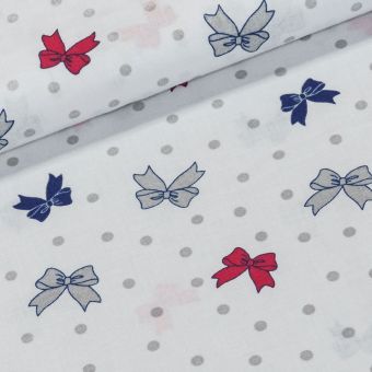 Bavlněné plátno ARIA šedé, modré a červené mašličky na bílé, š.160cm (látka v metráži)