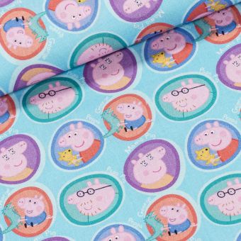 Bavlněné plátno dětské 7016, PRASÁTKO PEPINA (Peppa) na modré, š.150cm (látka v metráži)