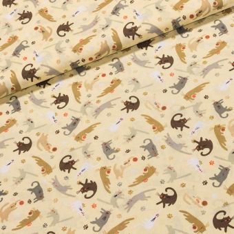 Bavlněné plátno dětské ANIKA kočičky na světle žluté, š.140cm (látka v metráži)
