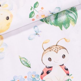 Bavlněné plátno dětské ANIKA včelky a berušky na bílé, š.160cm (látka v metráži)