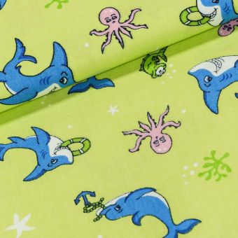 Bavlněné plátno dětské delfíni a chobotnice na zelené š.150cm (látka v metráži)