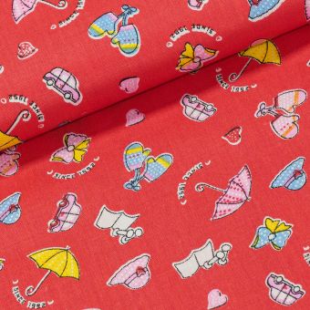 Bavlněné plátno dětské deštníky, klobouky, rukavičky na červené, š.160 cm (látka v metráži)