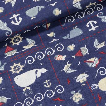 Bavlněné plátno dětské EMA námořnický motiv na tmavě modré, š.140cm (látka v metráži)