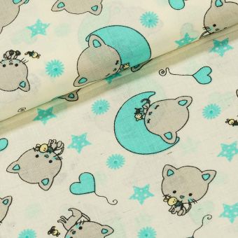 Bavlněné plátno dětské kočky na modrém měsíci s hvězdami, š.140cm (látka v metráži)