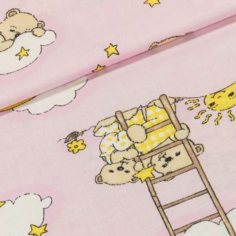 Bavlněné plátno dětské medvídci na obláčku a měsíci, růžová š.150cm (látka v metráži)