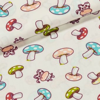 Bavlněné plátno dětské muchomůrky a kravičky, smetanová š.160 cm (látka v metráži)