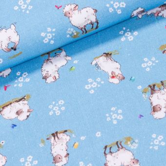 Bavlněné plátno dětské, ovečky na modré, š.140cm (látka v metráži)