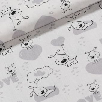 Bavlněné plátno dětské šedí pejsci na bílé, š.140cm (látka v metráži)
