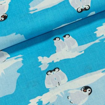 Bavlněné plátno dětské tučňáci na modré, š.150cm (látka v metráži)