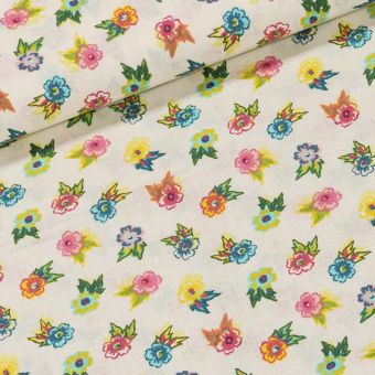 Bavlněné plátno EMA vícebarevné kytičky na smetanové, š.140cm (látka v metráži)