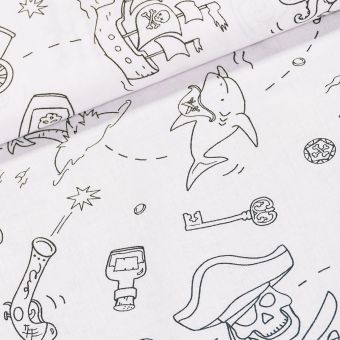 Bavlněné plátno dětské HOOK-1K, pirátský motiv, látka k vymalování, bílá, š.150cm (látka v metráži)