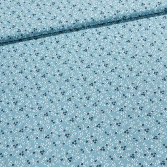 Bavlněné plátno NAHO 1B, tmavě modré kvítečka bílé lístky na tyrkysové , š.140cm (látka v metráži)