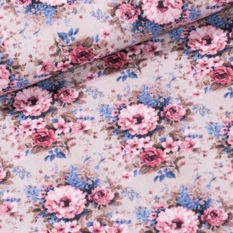 Bavlněné plátno PETITE BERGERAC-A 1 ROJO, růžové a modré květiny na béžové, š.150cm (látka v metráži)