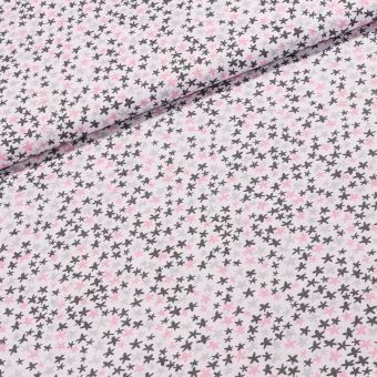 Bavlněné plátno POLO růžové, černé a šedé hvězdičky na bílé, š.140cm (látka v metráži)