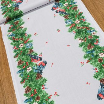 Bavlněné plátno / štola na metráž vánoční 703024, vánoční výzdoba s ptáčky, zeleno-šedá, š. 50cm (látka v metráži)