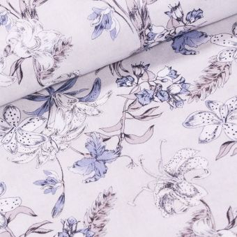 Bavlněné plátno TREND LEVILA-A 2 AZUL, fialové květy béžové, š.150cm (látka v metráži)