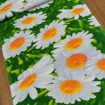 Bavlněné plátno vaflovina, utěrkovina / štola na metráž 703023 kopretiny na zelené, š. 50cm (látka v metráži)