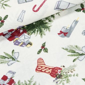 Bavlněné plátno vánoční 103000/16800, stromečky a dárky na bílé, š.140cm (látka v metráži)