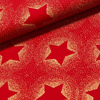 Bavlněné plátno vánoční 20706-015 zlaté velké hvězdy se třpytkami na červené, š.140cm (látka v metráži)