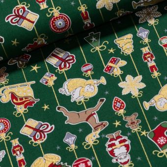 Bavlněné plátno vánoční 20727-025 Santa a vánoční ozdoby na niti, tmavě zelená, š.140cm (látka v metráži)