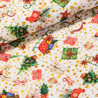 Bavlněné plátno vánoční TREND LITTLE B, dárky a sáňky na smetanové, š.150cm (látka v metráži)
