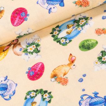 Bavlněné plátno velikonoční TREND NIVINS-C 60 MULTICOLOR, velikonoční vajíčka se zvířátky na žluté, š.150cm (látka v metráži)