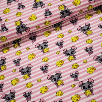 Bavlněný úplet dětský 888961212 myška se sýrem na růžovém proužku, š.150cm (látka v metráži)