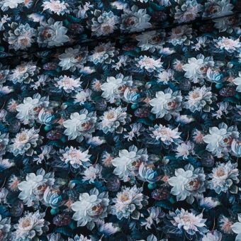 Bavlněný úplet TEPLÁKOVINA DIGÁLNÍ TISK 6-18523, květy na modré, š.140cm (látka v metráži)