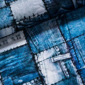 Bavlněný úplet TEPLÁKOVINA DIGÁLNÍ TISK 6-24923, modré riflové záplaty, š.142cm (látka v metráži)