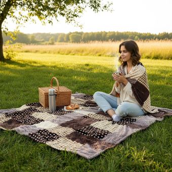 Cestovní deka KEMPING PLUS – hnědá kostka, lehká pikniková deka z mikrovlákna 150×200cm