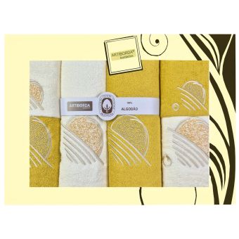 Dárkový set froté ručníků a osušek 169, 6-dílný, medová (okrová) a krémová s výšivkou 2x 30x50cm + 2x 50x90cm + 2x 70x140cm