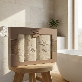 Dárkový set froté ručníků a osušek 370, 3-dílný, smetanová s výšivkou, 1x 30x50cm + 1x 50x90cm + 1x 70x140cm
