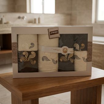 Dárkový set froté ručníků a osušek 398, 6-dílný, grafit/ krémová s výšivkou 2x 30x50cm + 2x 50x90cm + 2x 70x140cm