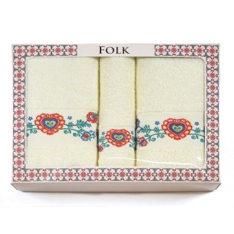 Dárkový set froté ručníků a osušek FOLK 02, 3-dílný, žlutý s výšivkou, 1x 30x50cm + 1x 50x100cm + 1x 70x140cm