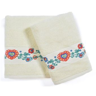 Dárkový set froté ručníků a osušek FOLK 02, 3-dílný, žlutý s výšivkou, 1x 30x50cm + 1x 50x100cm + 1x 70x140cm