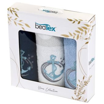 Dárkový set froté ručníků KOTVY, modrý s výšivkou, 30x50cm, 3ks