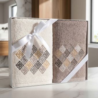 Dárkový set froté ručníků SANY 05, geometrický vzor, bílo-béžová, 2x 50x90cm