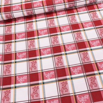 Dekorační látka / ubrusovina, vínovo-krémové káro, šířka 140cm (látka v metráži)