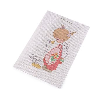 Dětská vyšívací sada s předtištěným motivem 020736/10, holčička a husa (předtisk, jehla a nitě), 14x20cm