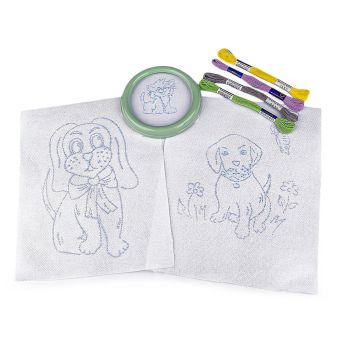 Dětská vyšívací sada s předtištěným motivem 380095/9, psi (rámeček, předtisk a příze)