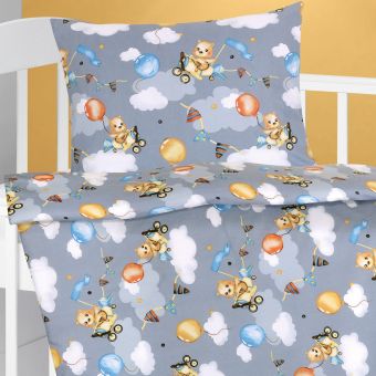 Dětské povlečení do postýlky MEDVÍDEK V LETADLE, šedé, bavlna hladká, 100x135cm + 45x60cm